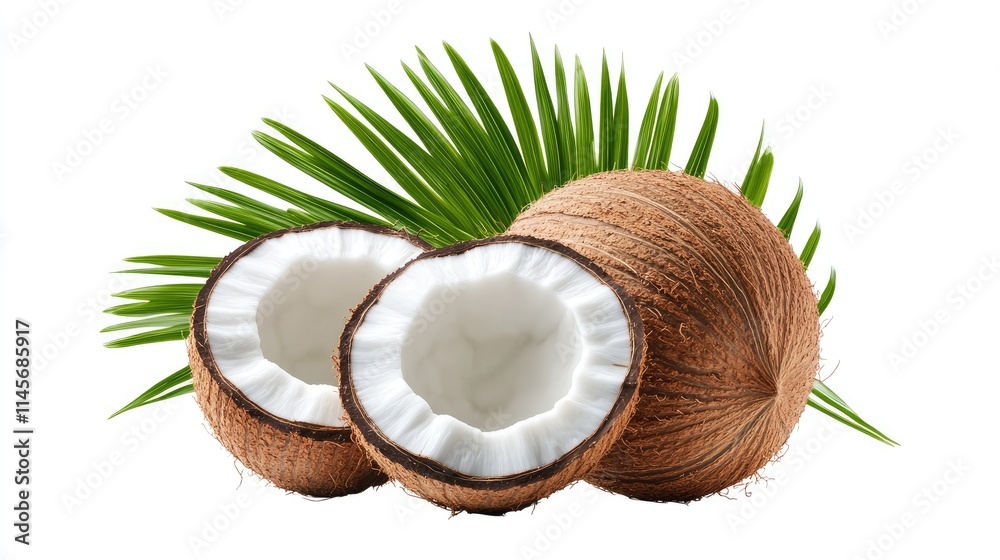 Coconut and palm tree with sliced coconuts on white background ideal for natural design projects and decoration in print and digital media Coconut and palm tree with sliced coconuts on white background ideal for natural design projects and decoration in print and digital media