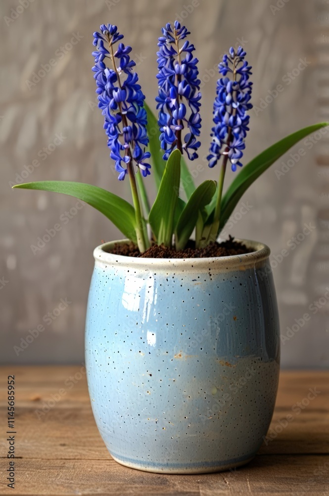A potted hyacinth with tall, vibrant blue flowers stands gracefully in a beautiful ceramic pot, showcasing nature's beauty on a rustic wooden surface A potted hyacinth with tall, vibrant blue flowers stands gracefully in a beautiful ceramic pot, showcasing nature's beauty on a rustic wooden surface
