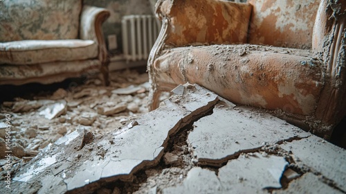 A close-up of a damaged home interior, showing broken furniture, shattered glass, and a large crack running along the wall, symbolizing the destructive force of an earthquake