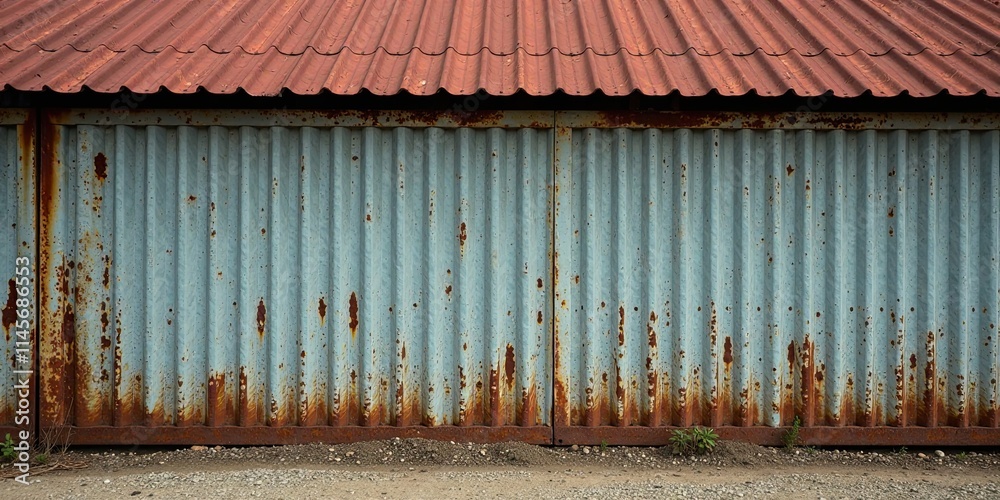 Rustic corrugated metal gate with aged, weathered, rusty texture beneath a red roof Rustic corrugated metal gate with aged, weathered, rusty texture beneath a red roof