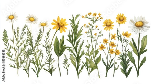 Medicinal Wildflowers and Herbs Collection Illustrating Meadow and Field Plants with Yellow and White Blossoms for Natural Remedies