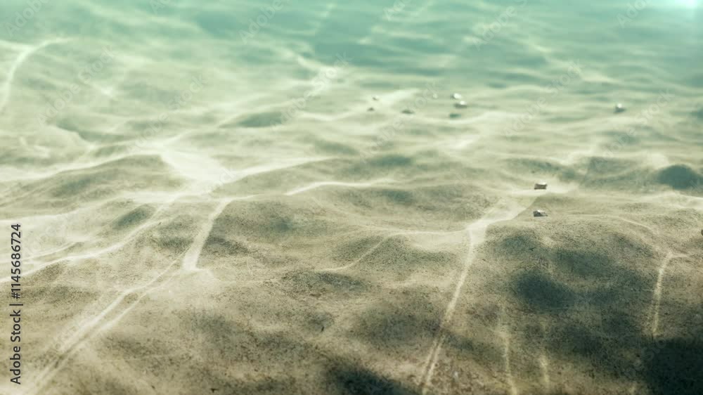 Closeup A serene underwater scene featuring a sandy seabed illuminated by ethereal caustic lighting. 3D animation.