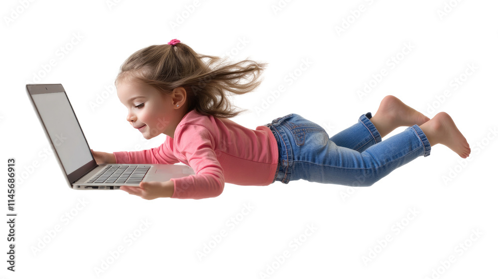 Little Explorer: A young girl with boundless curiosity, flying through the digital world with a laptop in hand, illustrating the limitless potential of technology for young minds. Little Explorer: A young girl with boundless curiosity, flying through the digital world with a laptop in hand, illustrating the limitless potential of technology for young minds.