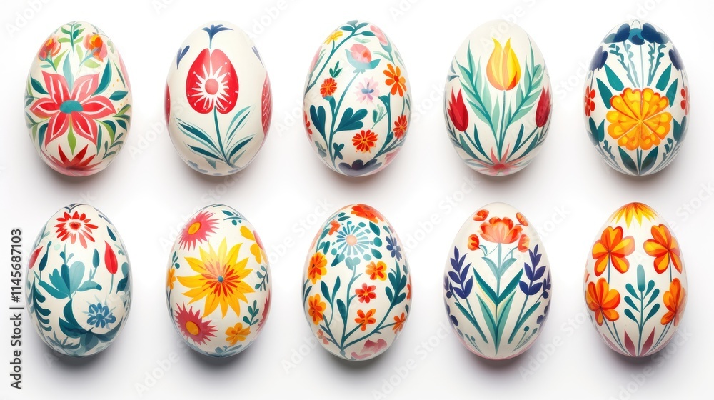 Vibrant hand painted Easter eggs collection with floral designs on white background mockup template for creative artwork and seasonal projects Vibrant hand painted Easter eggs collection with floral designs on white background mockup template for creative artwork and seasonal projects