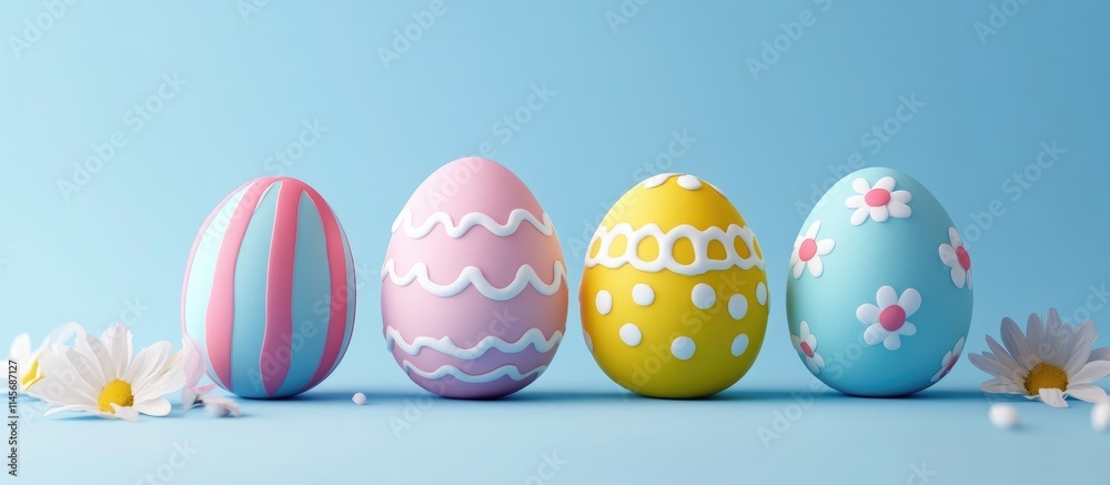 Colorful Easter egg collection on a soft blue background with floral and striped designs celebrating spring and holiday traditions. Colorful Easter egg collection on a soft blue background with floral and striped designs celebrating spring and holiday traditions.