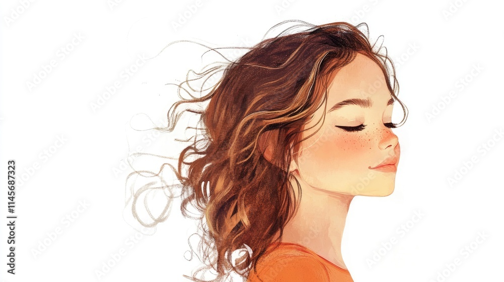 Teen Girl with Flowing Hair in Trendy Outfit and Soft Expression on Minimalist Background Teen Girl with Flowing Hair in Trendy Outfit and Soft Expression on Minimalist Background