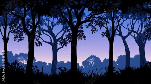 Silhouette of trees in a tranquil forest during twilight showcasing vibrant shades of blue and purple. photo