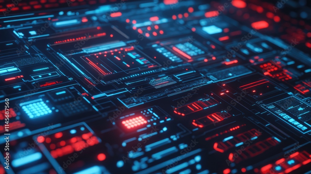 Obraz premium Futuristic Data Interface with Neon Lights Representing Robotic Process Automation and AI Algorithms in Business Technology