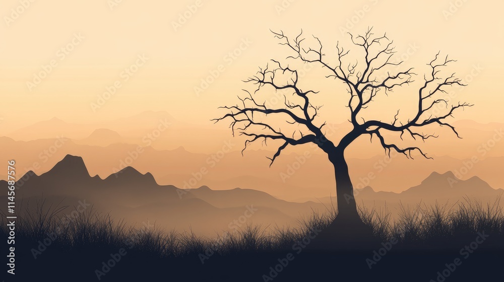 Obraz premium Silhouette of a barren tree at dusk highlighting resilience and beauty in nature against a backdrop of soft mountain silhouettes