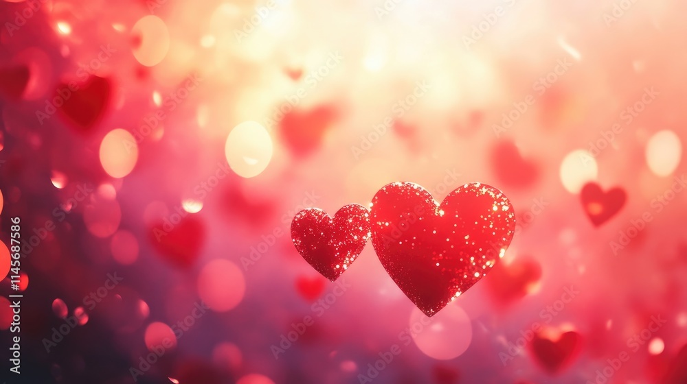 Red heart shapes sparkling against a dreamy glitter background, perfect for conveying love and romance on Valentine's Day. Red heart shapes sparkling against a dreamy glitter background, perfect for conveying love and romance on Valentine's Day.