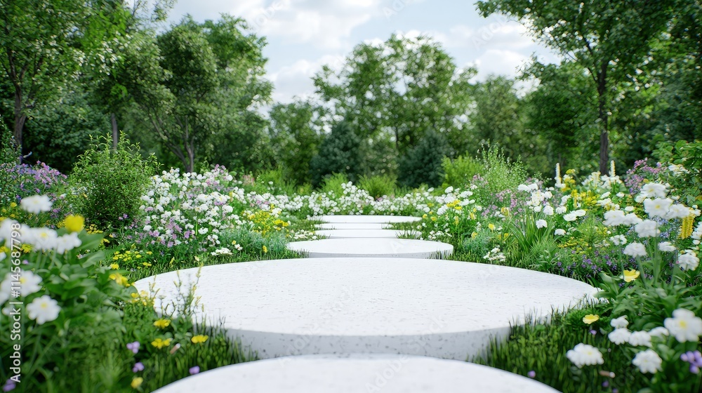 Fototapeta premium White stone path through vibrant blooming wildflowers and lush green trees.