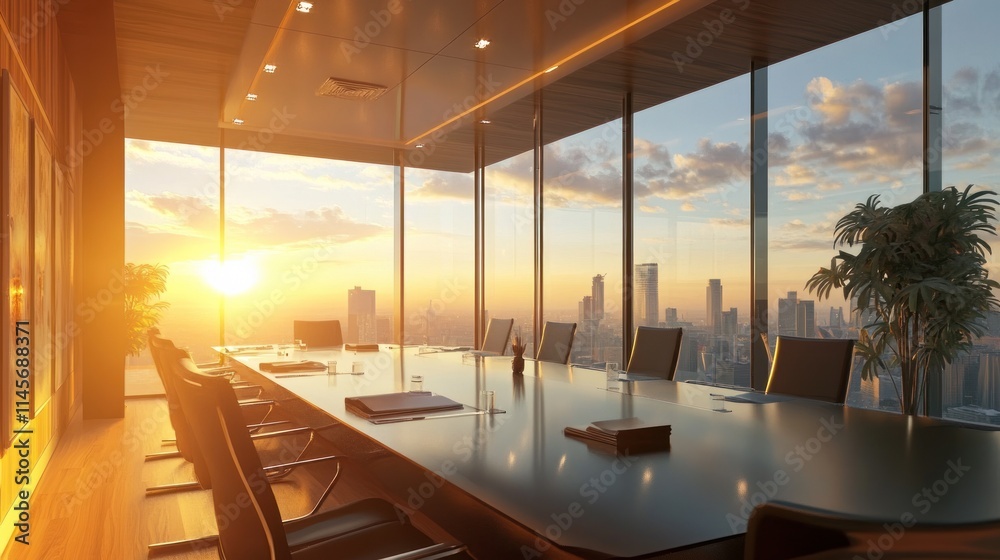 Serene Sunset Corporate Meeting Room with City Skyline View Serene Sunset Corporate Meeting Room with City Skyline View