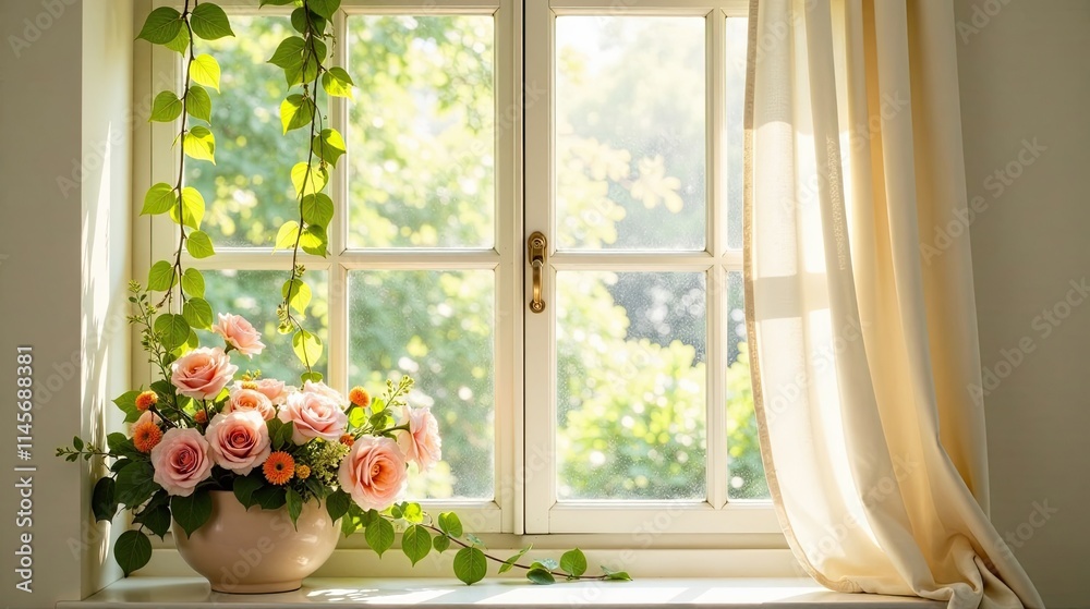 Fototapeta premium Sunlit Windowsill with Peach Roses and Climbing Vines
