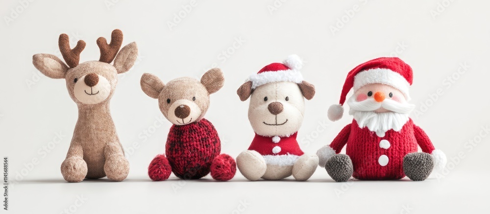 Fototapeta premium Soft toys featuring Christmas themes including a reindeer, dog, Santa, and snowman arranged against a clean white backdrop.