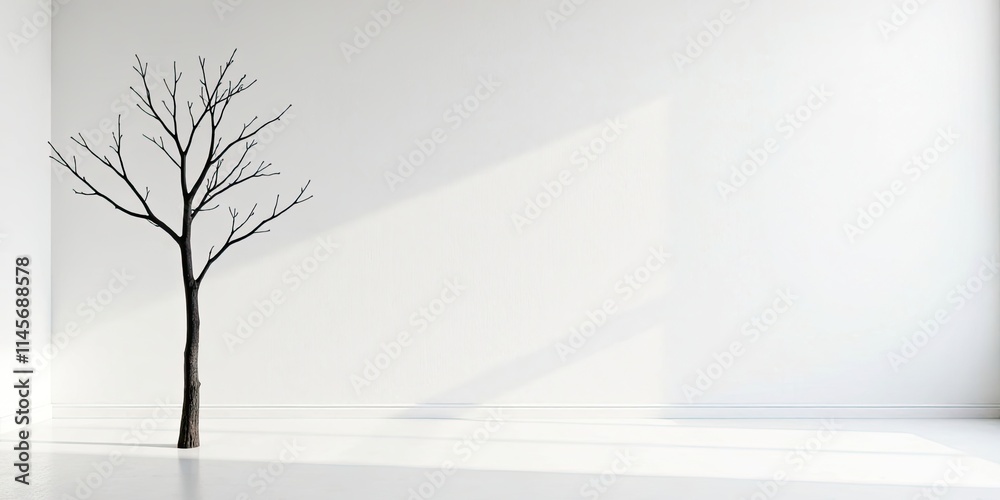 Obraz premium Minimalist Room Interior Design Featuring a Bare Branch Tree Silhouette Against a White Wall