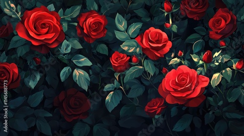 Wallpaper Mural Elegant red roses with lush green leaves creating a romantic floral background perfect for gifts and celebrations. Torontodigital.ca