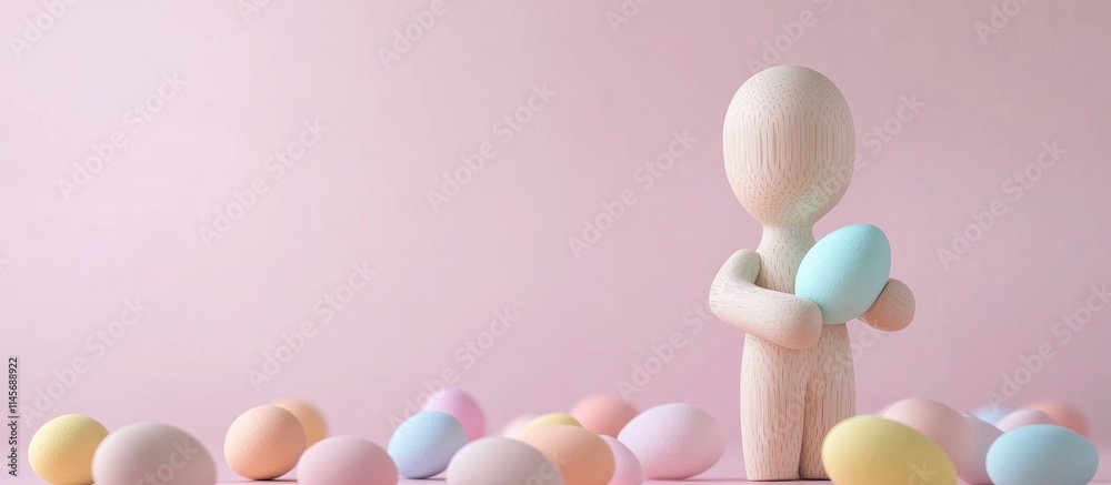 Wooden stick figure holding a pastel egg surrounded by colorful eggs on a pink background creating a cheerful festive atmosphere Wooden stick figure holding a pastel egg surrounded by colorful eggs on a pink background creating a cheerful festive atmosphere