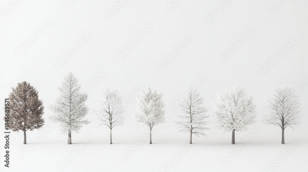 Fototapeta premium Set of trees showcasing seasonal changes against a neutral white background for nature and environmental themes.