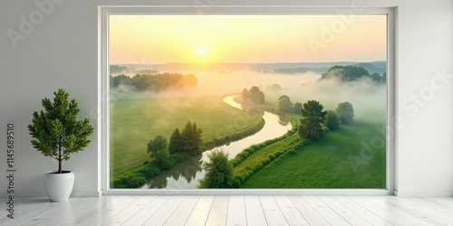 Serene Sunrise Vista Through a Modern Window Pane, Offering a Tranquil River Scene with Misty Fields and Lush Greenery