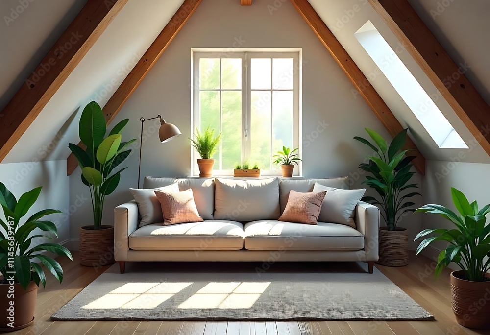 Fototapeta premium Attic Living Room with White Sofa and Plants