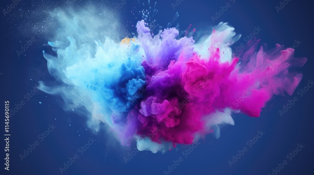 Fototapeta premium Colorful powder explosion creating a vibrant cloud of dust particles in mid-air against a deep blue background for dynamic visuals