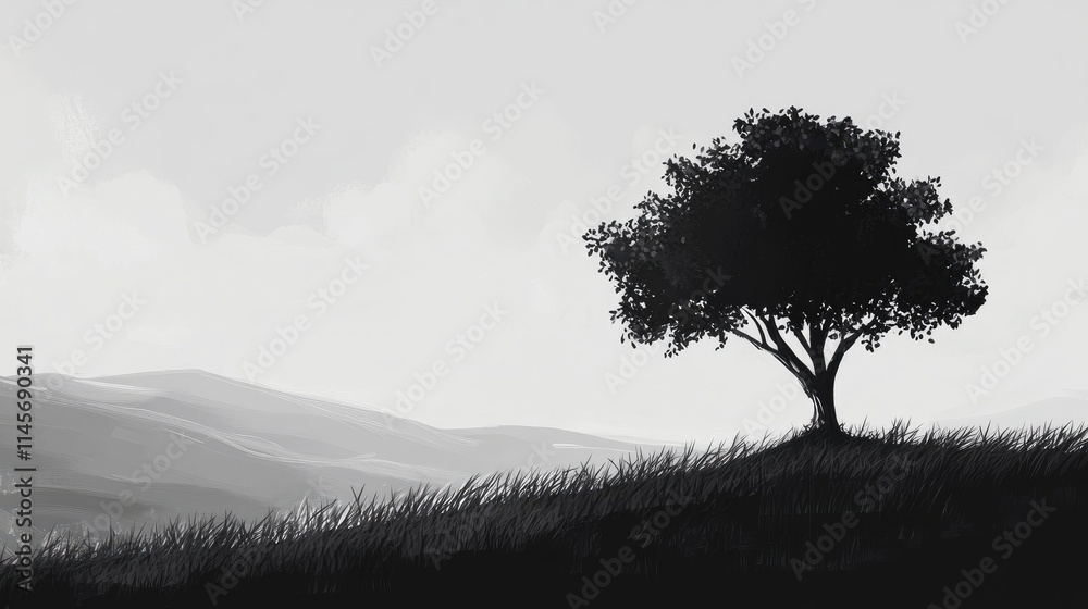Obraz premium Lonely tree silhouette on a serene hillside against a minimalist landscape in black and white tones