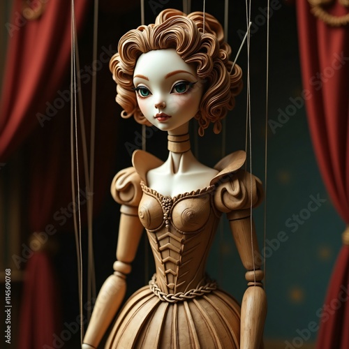 wooden marionette female character with floral hair