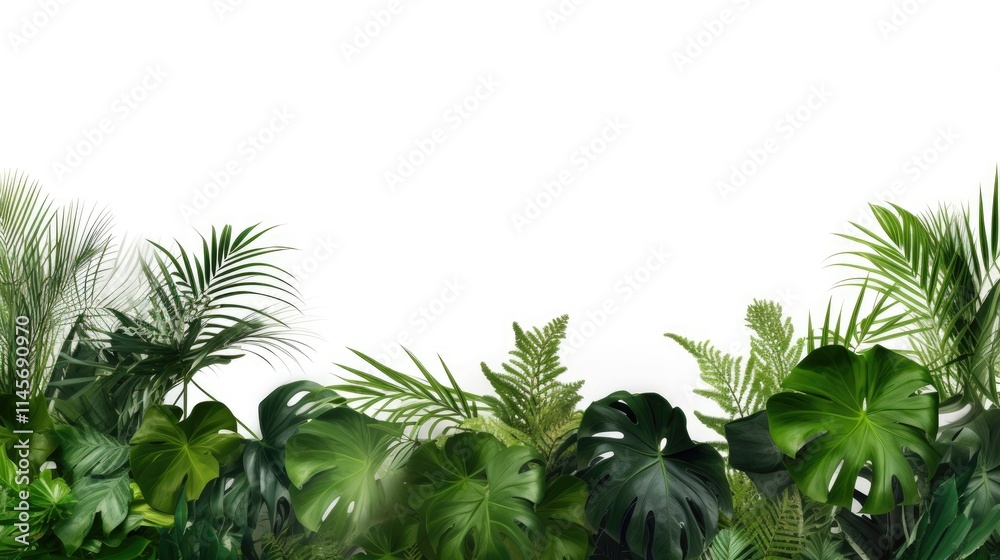 Tropical green foliage arrangement creating a serene nature backdrop with white space for text and design elements in a garden setting Tropical green foliage arrangement creating a serene nature backdrop with white space for text and design elements in a garden setting