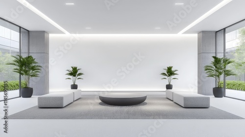 Wallpaper Mural Modern minimalist lobby with seating, plants, and large windows. Torontodigital.ca