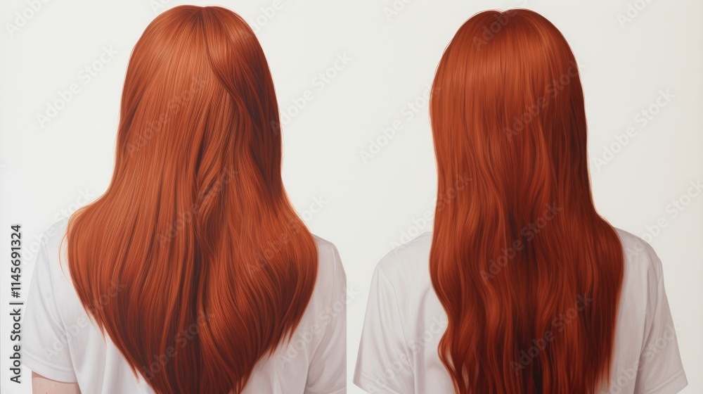 Fototapeta premium Identical women showcasing different hairstyles from front and back perspectives on a white background