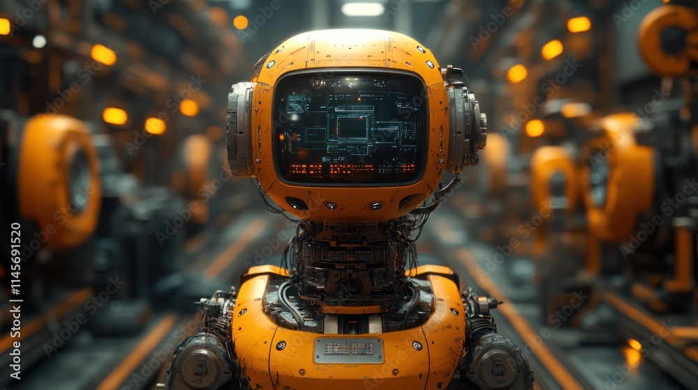 Fototapeta premium Retro-futuristic robot in a tech environment.