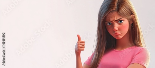 Teenage girl in pink shirt showing thumbs down gesture with a disapproving expression on a plain light background photo