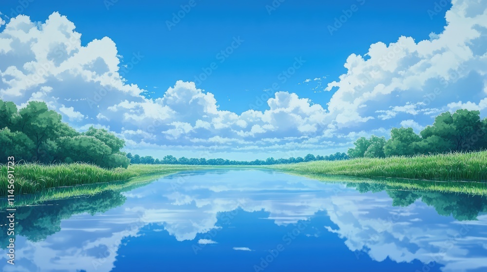 Tranquil river scene with reflections of a blue sky and fluffy clouds surrounded by lush greenery on a sunny day.