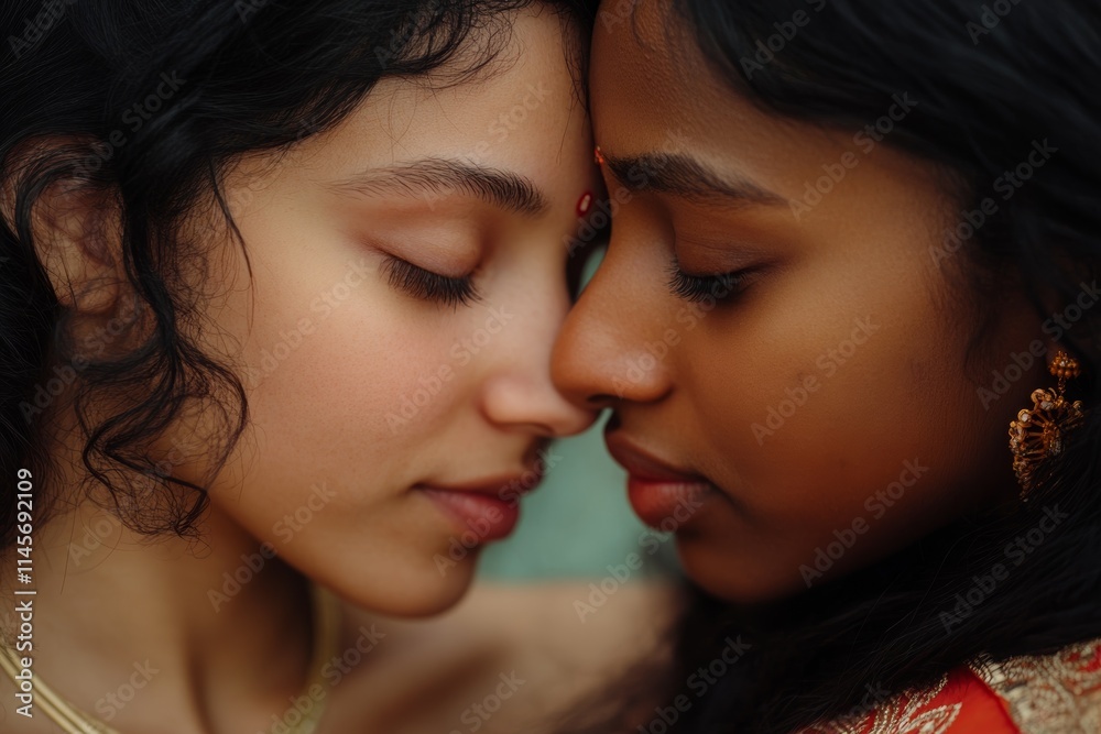 Two women sharing an intimate, peaceful moment, emphasizing cultural unity and friendship, captured in a serene close-up. Two women sharing an intimate, peaceful moment, emphasizing cultural unity and friendship, captured in a serene close-up.