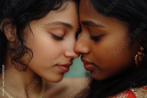 Two women sharing an intimate, peaceful moment, emphasizing cultural unity and friendship, captured in a serene close-up.