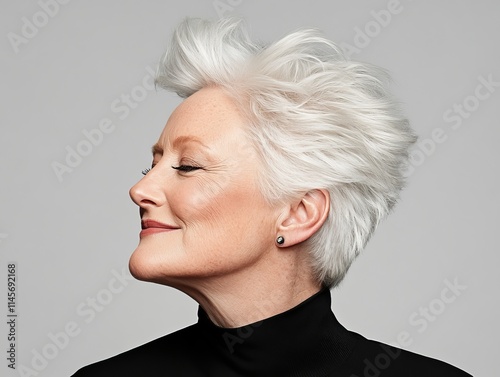 Profile portrait of a stylish older woman with white hair, exuding confidence and grace in a minimalist setting.
