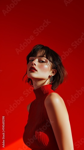 Stylish woman with short hair poses confidently in a red dress against a matching red backdrop.