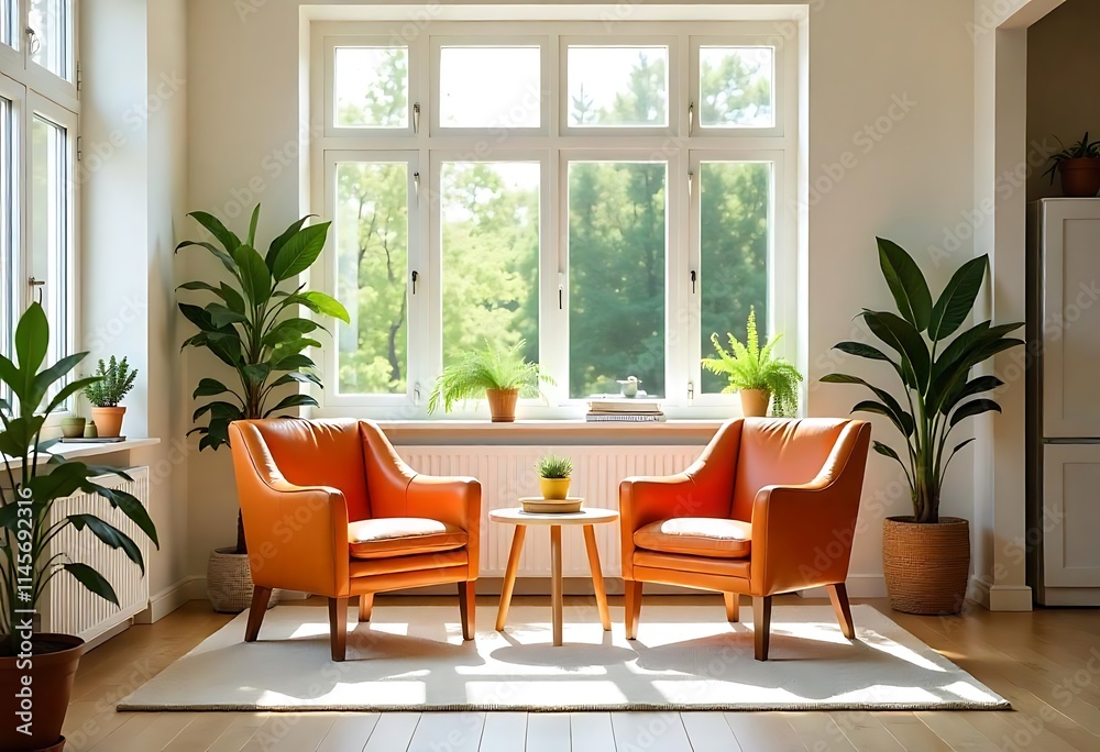 Cozy Living Room with Orange Armchairs and Plants