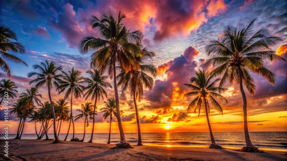 Fototapeta premium Panoramic Sunset Palm Trees Beach Paradise Tropical Landscape Photography