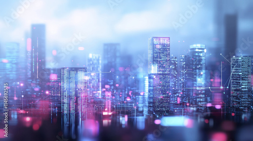 Wallpaper Mural Futuristic smart city skyline with glowing buildings and digital connections, showcasing advanced technology and urban development Torontodigital.ca