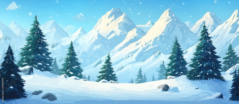 Fototapeta premium Winter landscape of snow-capped mountains with tall fir trees in a serene valley under a clear blue sky and gentle snowfall