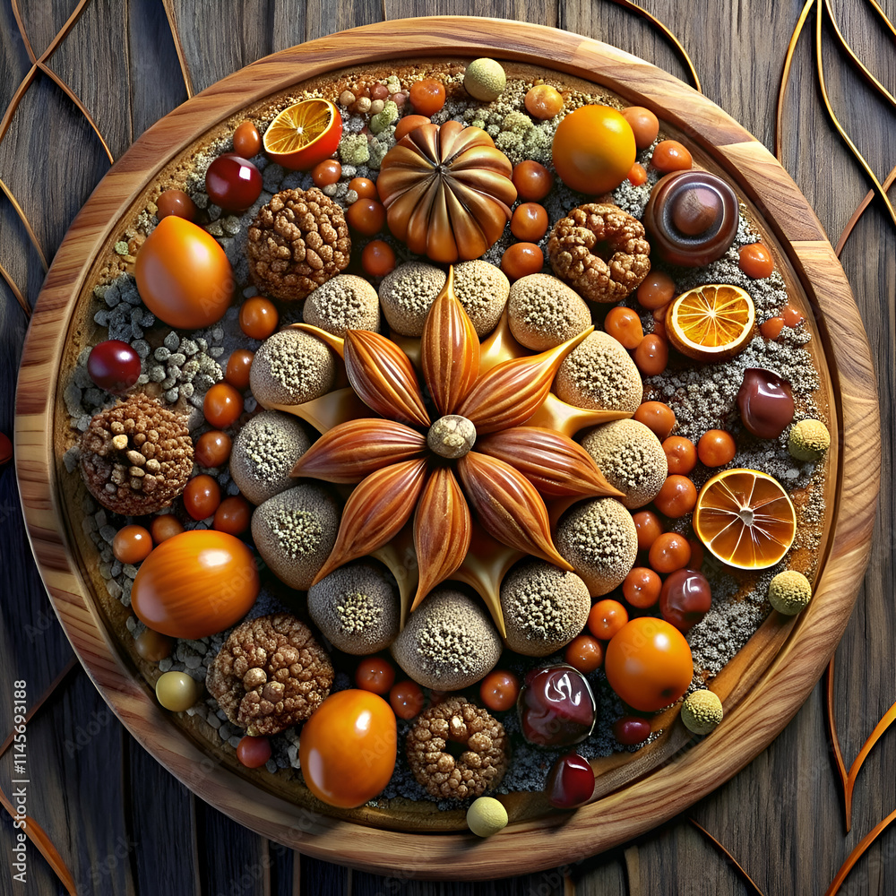 A circular wooden tray with a beautiful. intricate design of fruit. nuts and seeds. A circular wooden tray with a beautiful. intricate design of fruit. nuts and seeds.