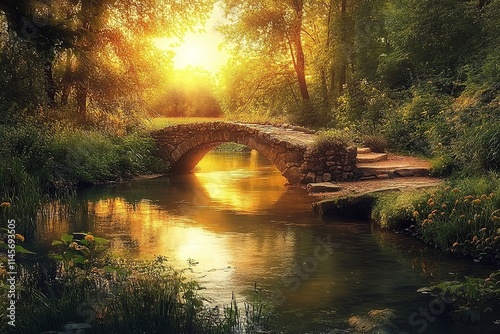 tranquil countryside view with small stone bridge over quiet river at dusk