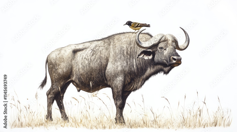 Cape buffalo in grassland with an oxpecker perched on its head showcasing wildlife interaction in natural habitat. Cape buffalo in grassland with an oxpecker perched on its head showcasing wildlife interaction in natural habitat.