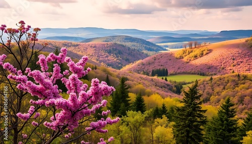 Pink Blossoms Adorn Mountain Valley Landscape