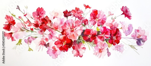 Fototapeta Naklejka Na Ścianę i Meble -  Vibrant watercolor bouquet of sweet William flowers in shades of pink and red on a clean white background for floral decor and designs.
