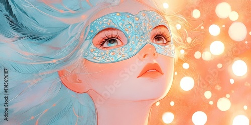 Enchanting Masked Woman with Dreamy Lights and Flowing Hair photo