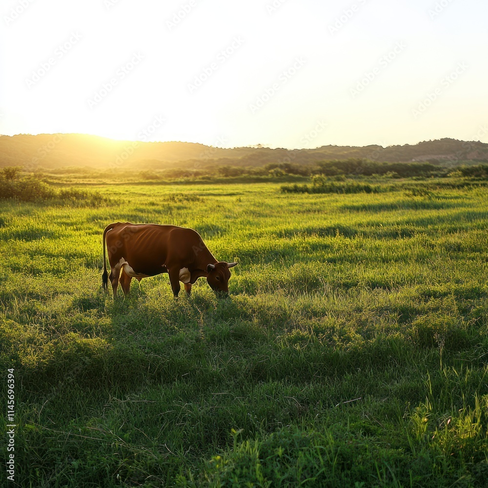A cow grazing in a lush green field at sunset. A cow grazing in a lush green field at sunset.