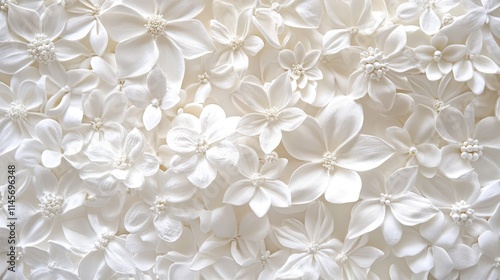 Elegant white floral background with a variety of delicate white flowers for design and decoration purposes. Perfect for weddings and events.