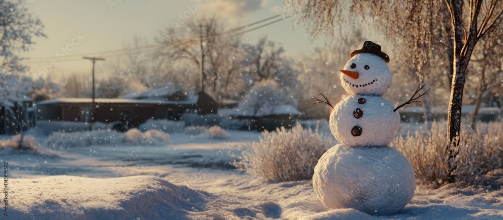 Obraz premium Charming snowman in a winter landscape capturing the joy of snowy outdoor enjoyment under a serene sunlit sky
